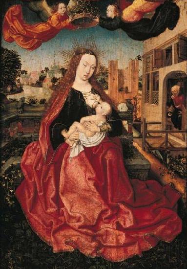 Master of Frankfurt Madonna and Child crowned by two angels.